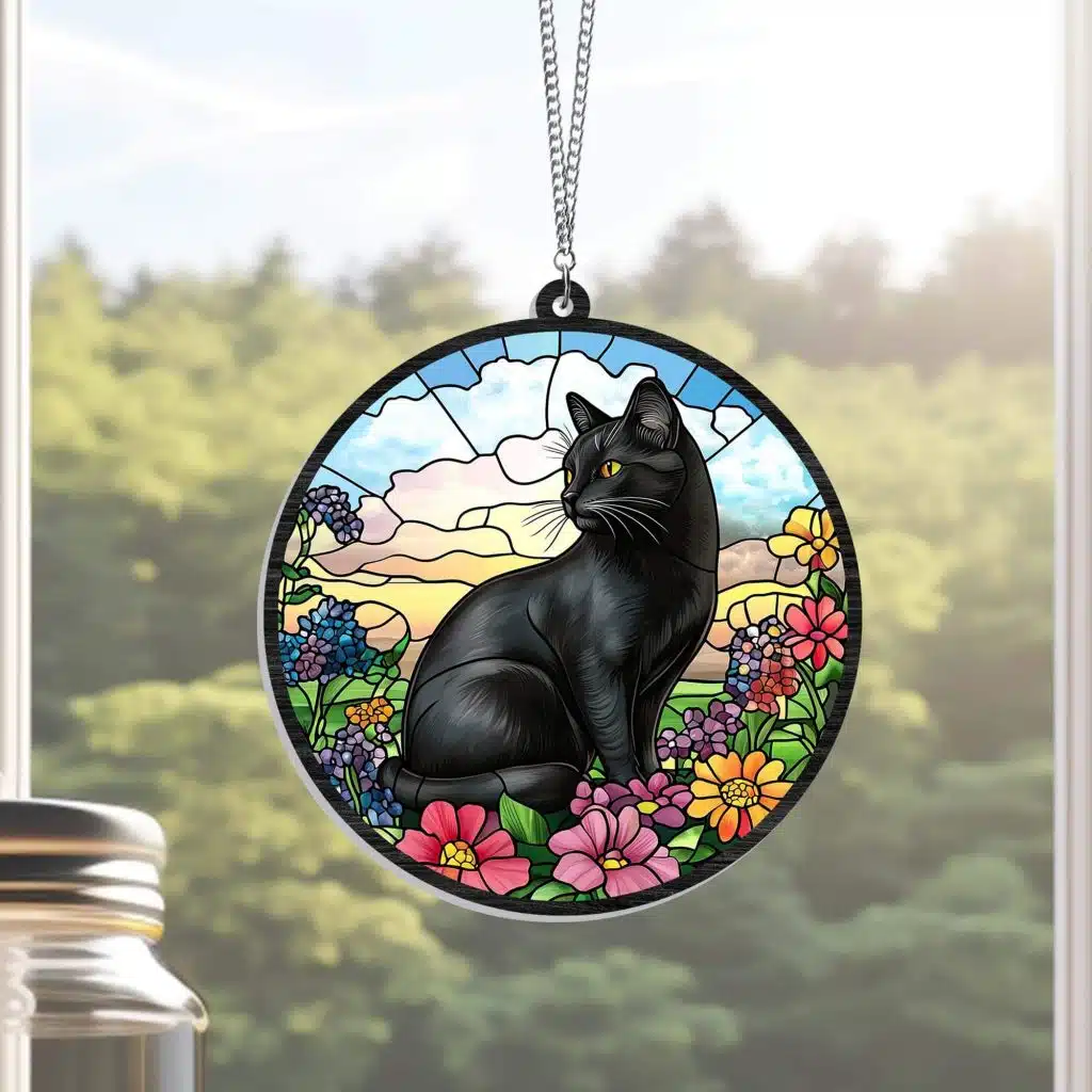 Black Cat Flowers Acrylic Window Hanging Sign