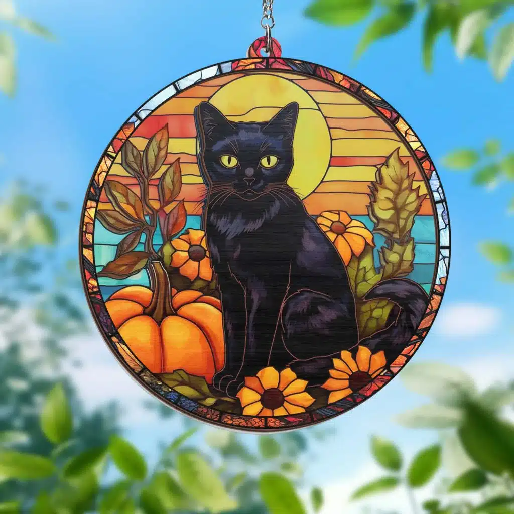 Black Cat Halloween Stained Glass Window Hanging Suncatcher