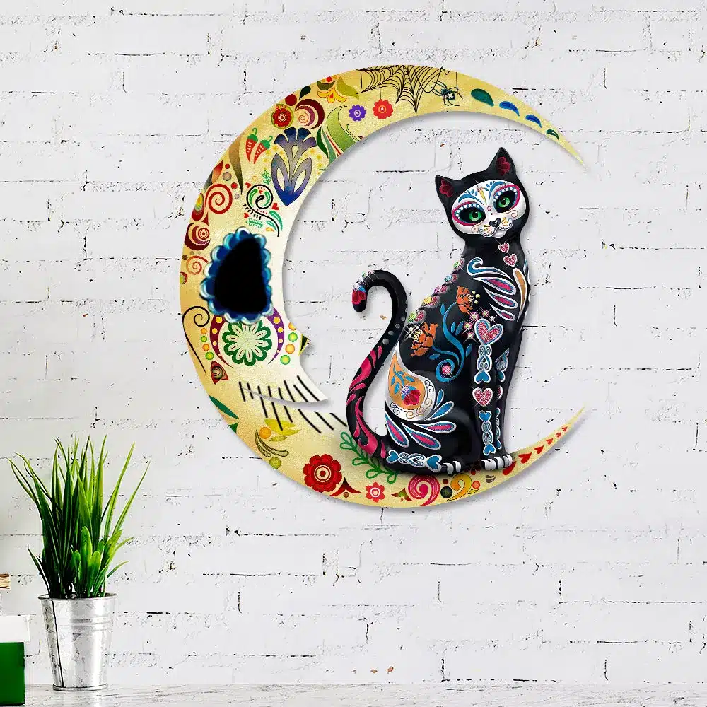 Cat On The Moon Sugar Skull Hanging Metal Sign