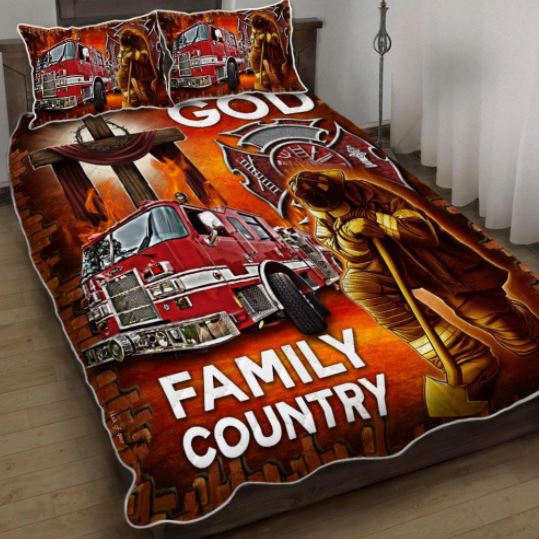God Family Contry Firefighter Quilt Bed Set