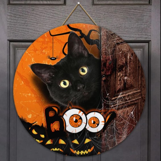cat halloween pictures Halloween Black Cat Boo Round Wooden Sign ANL157WD