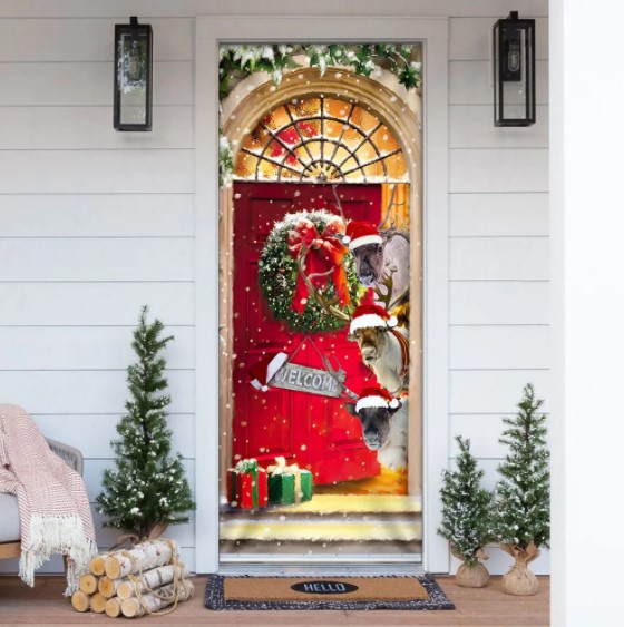 cheap deer decor Reindeer Farmhouse Christmas Door Cover