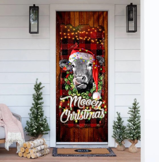 entrance way christmas decor Mooey Christmas Angus Cow Door Cover