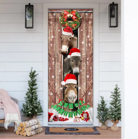 fancy white door Donkeys Christmas Snow Farmhouse Door Cover