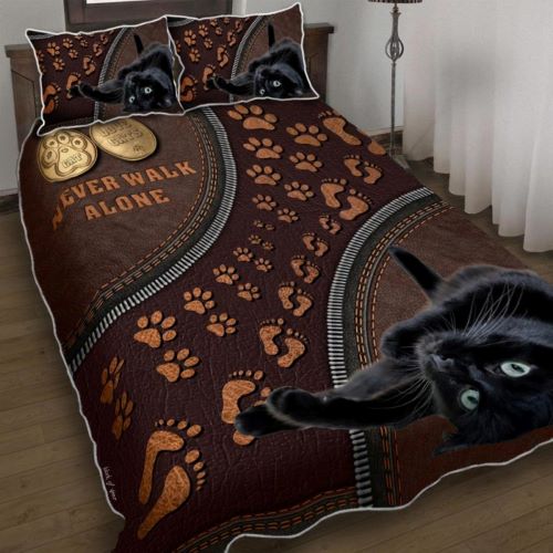 gifts for cat lovers Black Cat Never Walk Alone Quilt Bed Set