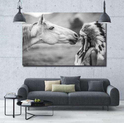 horse and indian painting Native American Indian Girl Black and White Wall Art