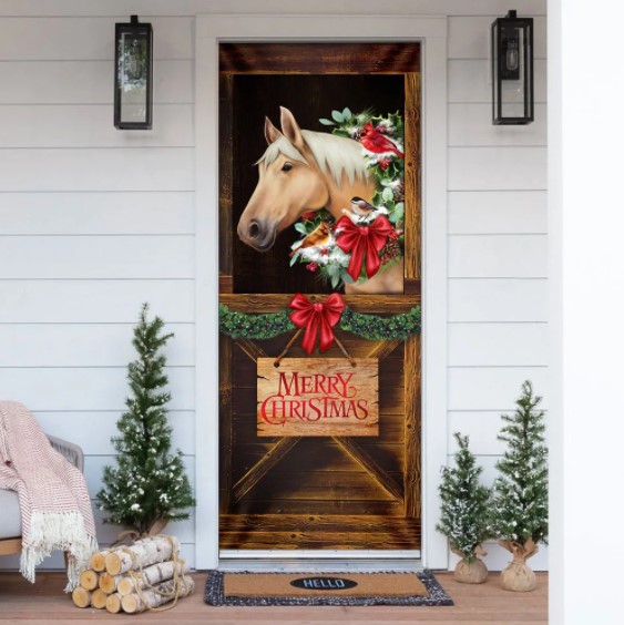 merry christmas pony Merry Christmas Horse In Stable Door Cover