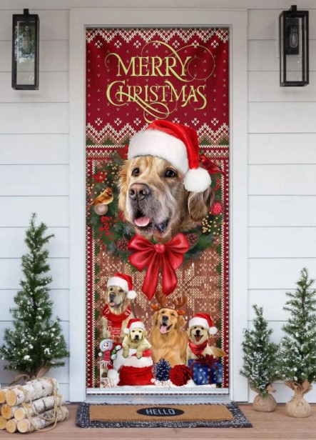 welcome door decoration Golden Retriever Happy House Christmas Door Cover