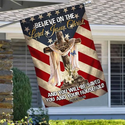 Cross Believe On The Lord Jesus American Flag