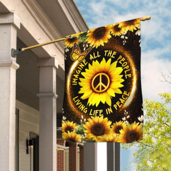Hippie Sunflower. Imagine All The People Living Life In Peace Flag Flagwix™, Sunflower Hippie Flag