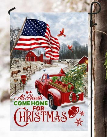 Red Truck American Flag All Hearts Come Home For Christmas