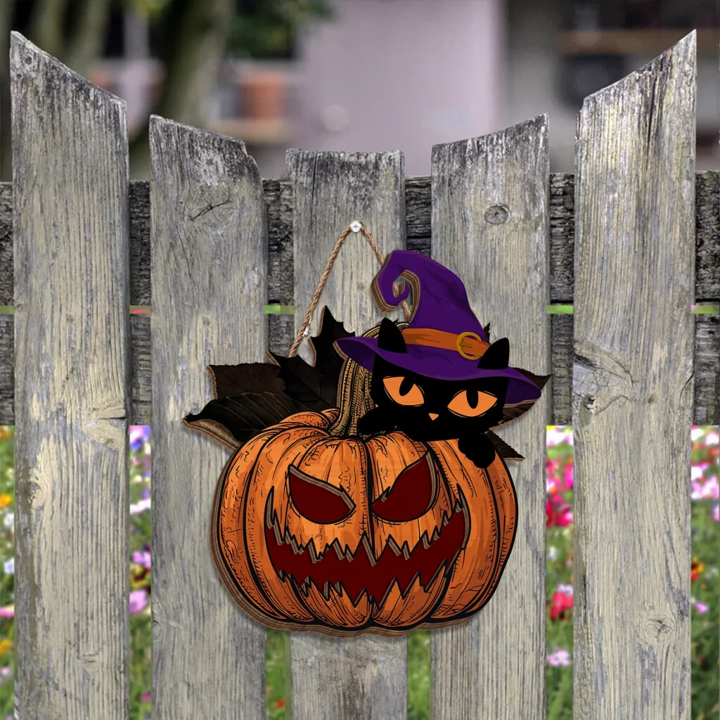 Black Cat and Pumpkin Welcome Sign, Halloween 3D Hanging Door Sign