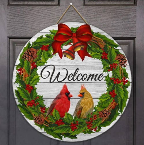 Cardinal Christmas Welcome Wooden Sign