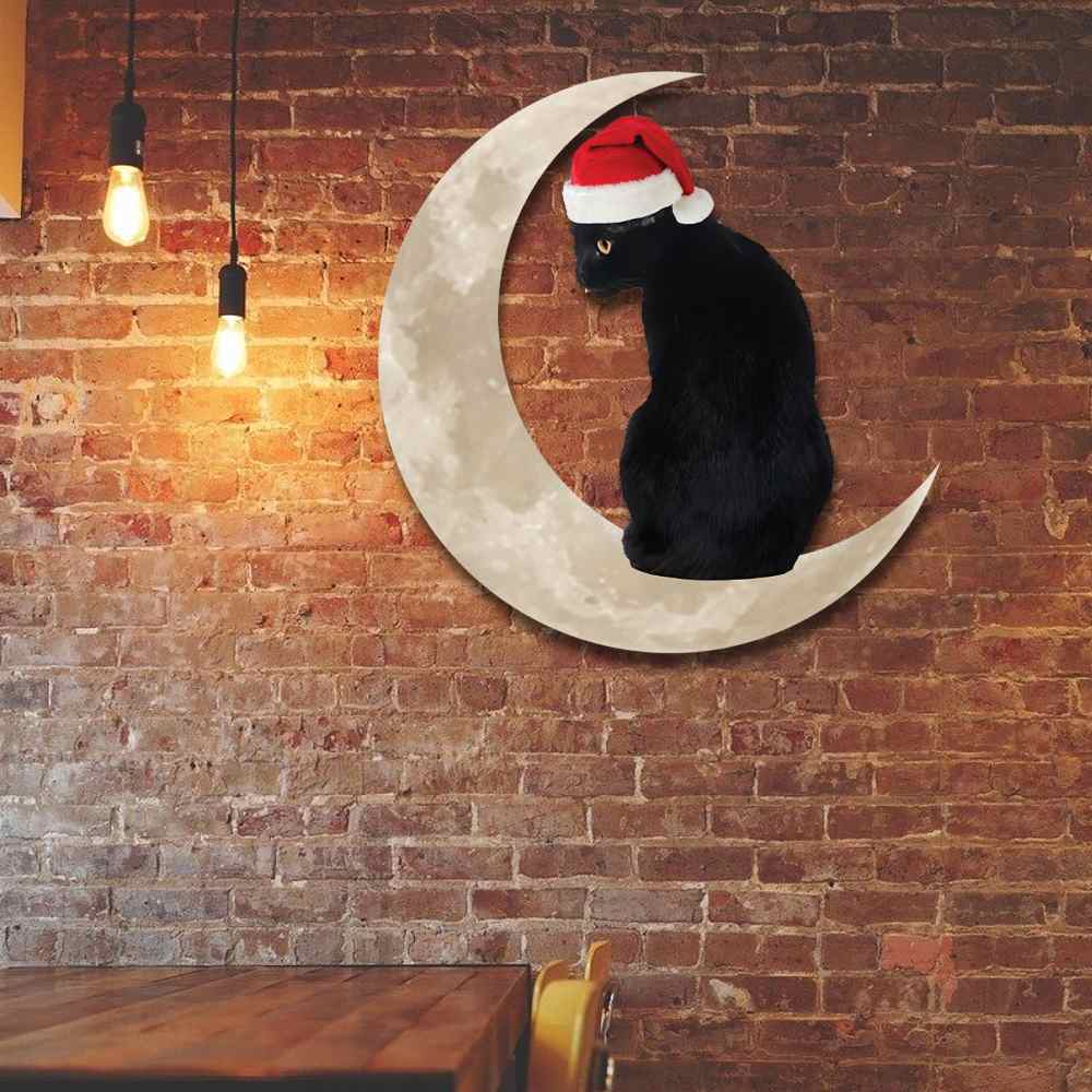 Black Cat And Moon Christmas Hanging Metal Sign
