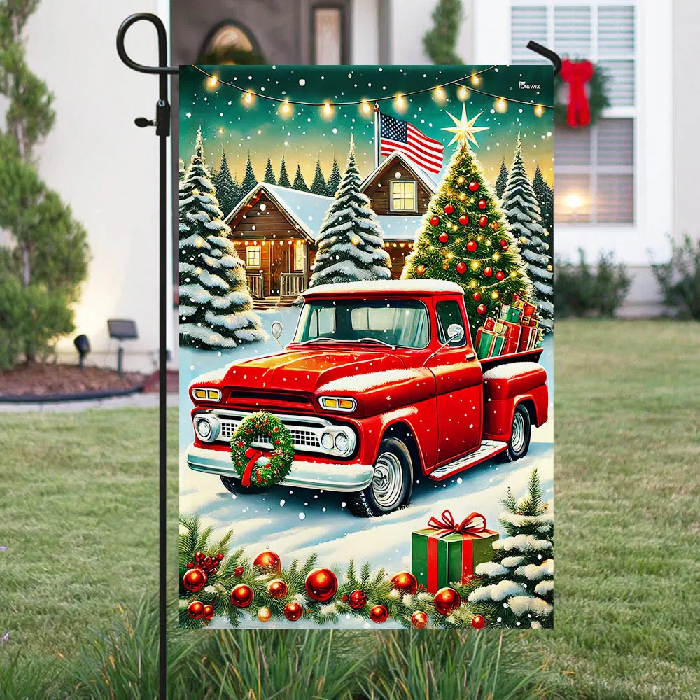 Christmas Red Pickup Truck Merry Christmas Flag