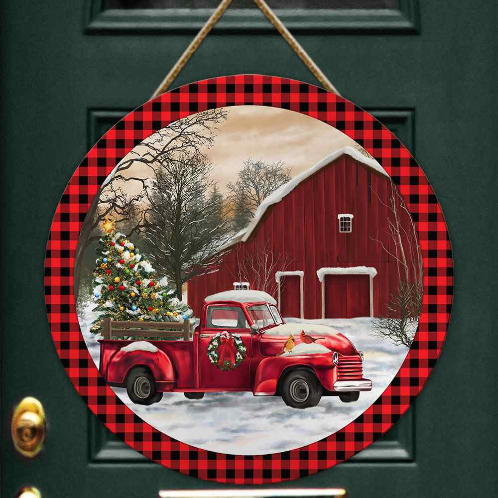 Christmas Red Truck Round Sign