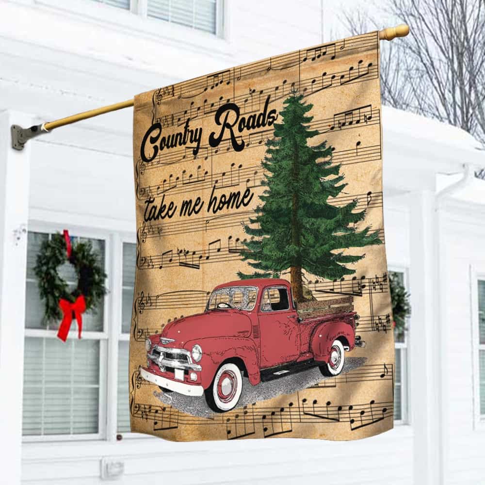 Country Roads Take Me Home Red Truck Flag Christmas (2)