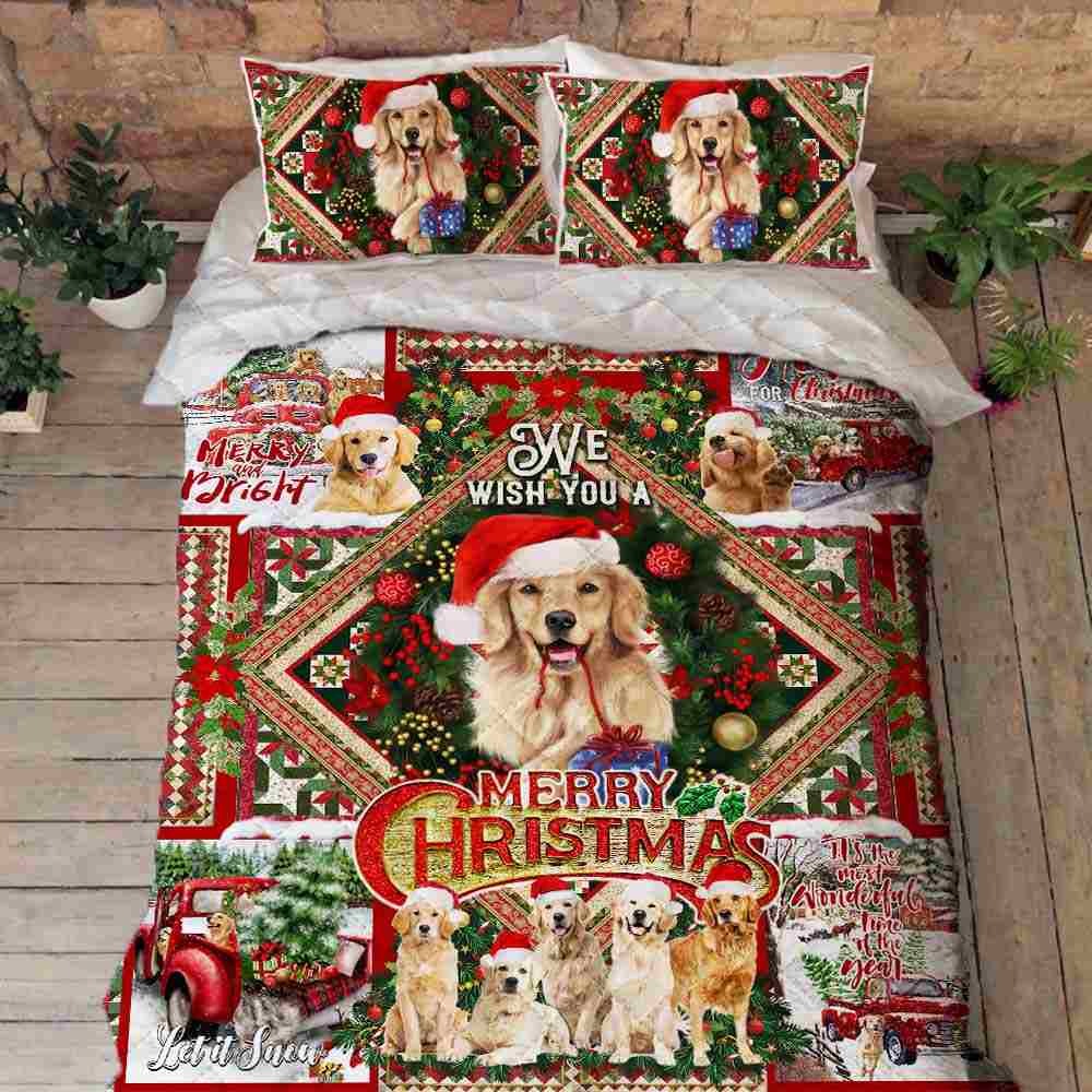 Golden Retriever We Wish You A Merry Christmas Quilt Bedding Set