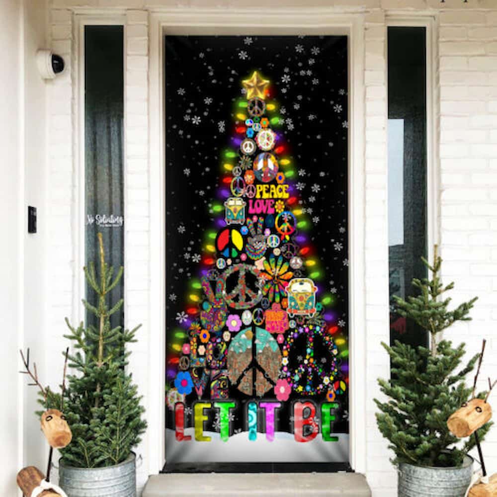 Hippie Christmas Tree Door Cover Let It Be