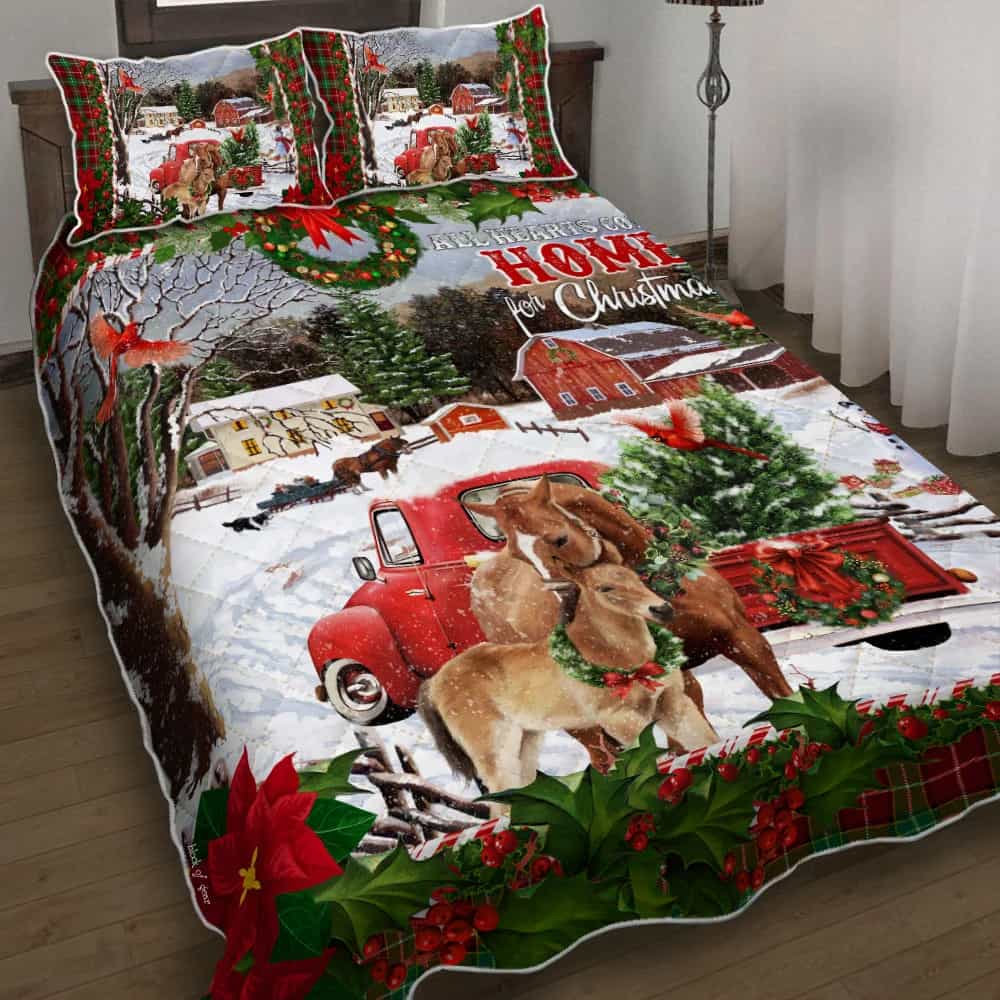 Horse. Red Truck. All Hearts Come Home For Christmas Quilt Bedding Set Geembi™