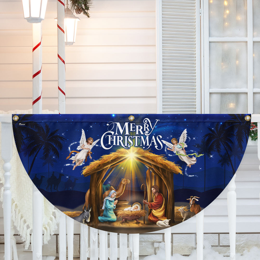 Nativity Of Jesus Merry Christmas Christian Holy Family Non-Pleated Fan Flag