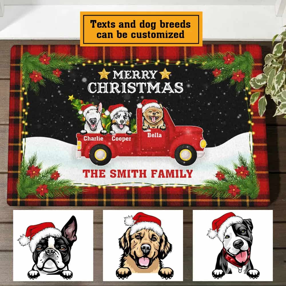 Personalized Christmas Dog Red Truck Doormat