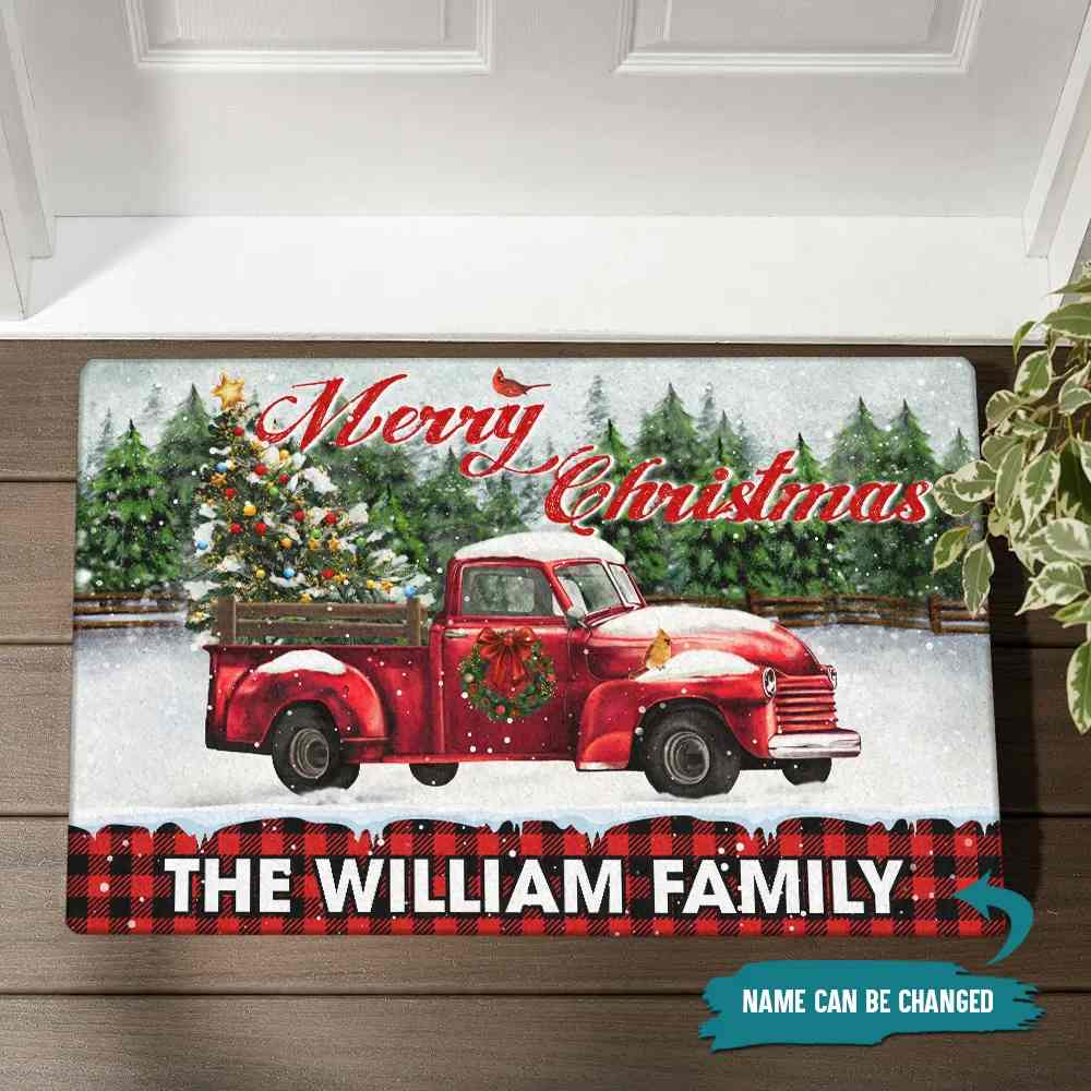 Personalized Christmas Red Truck Doormat