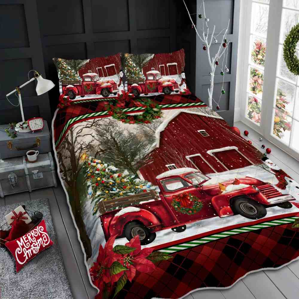 Red Christmas Christmas Truck Barn House Quilt Bedding Set