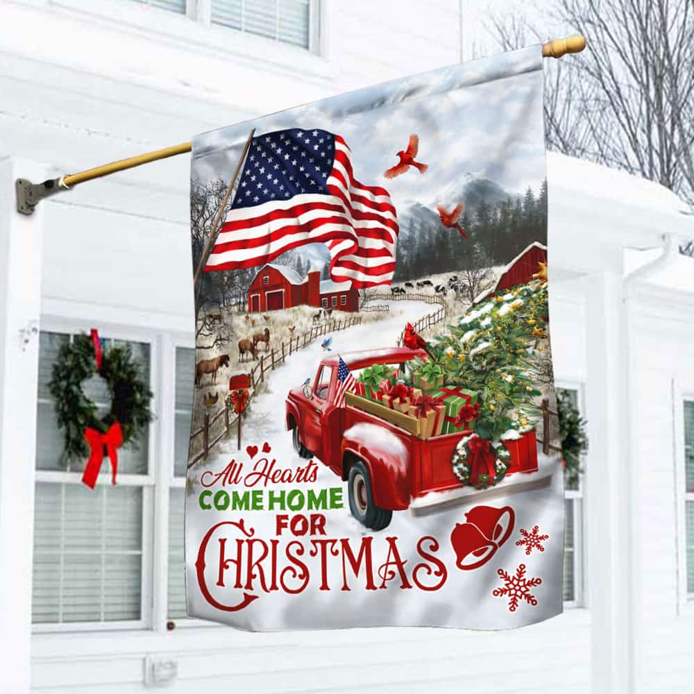 Red Truck American Flag All Hearts Come Home For Christmas