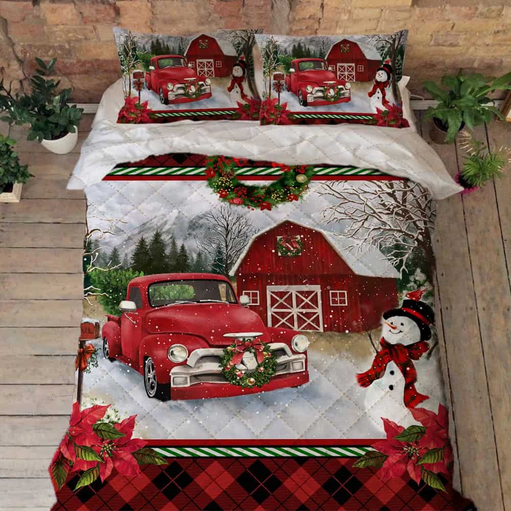 Red Truck Christmas Farmhouse Quilt Bedding Set