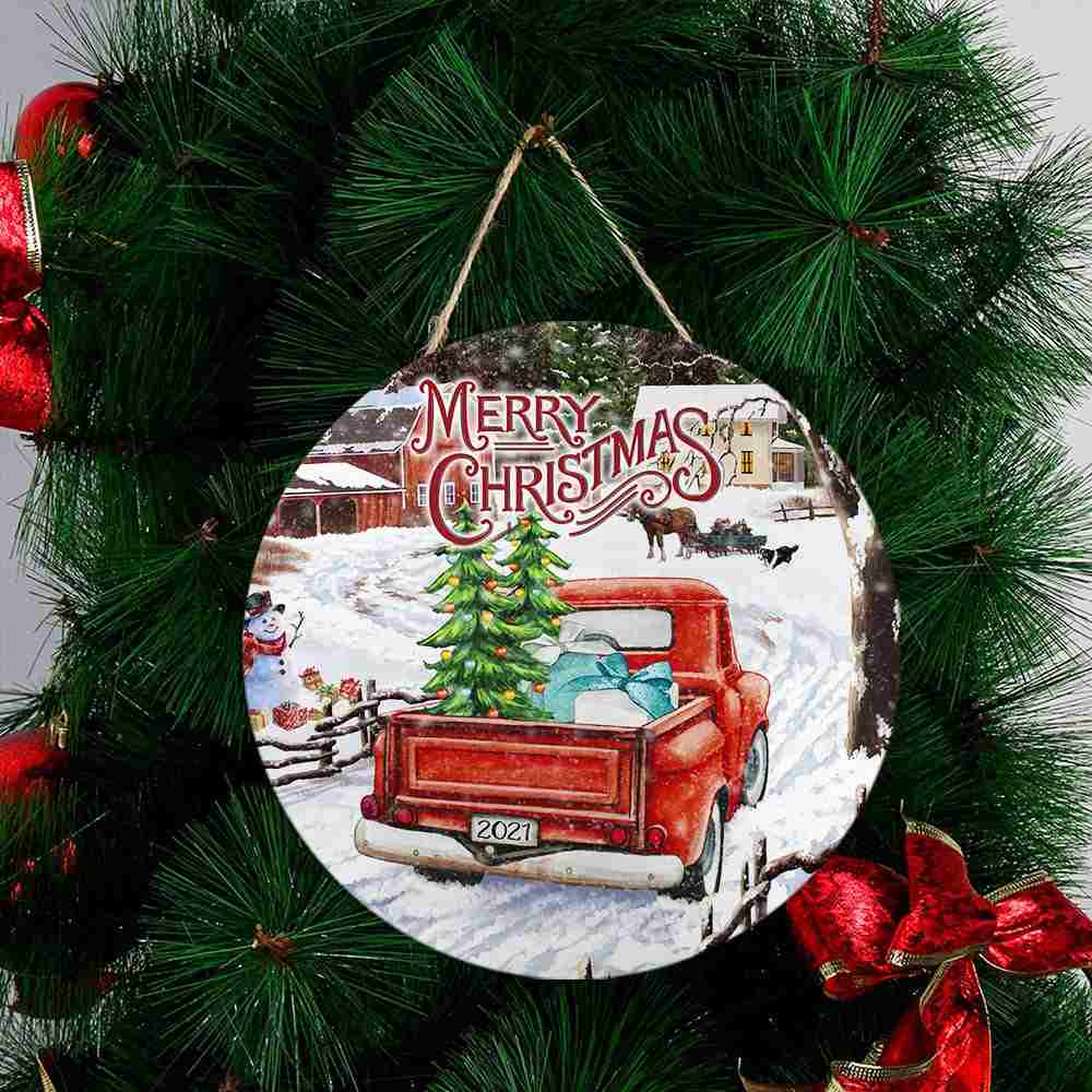 Red Truck Merry Christmas Family Wooden Sign