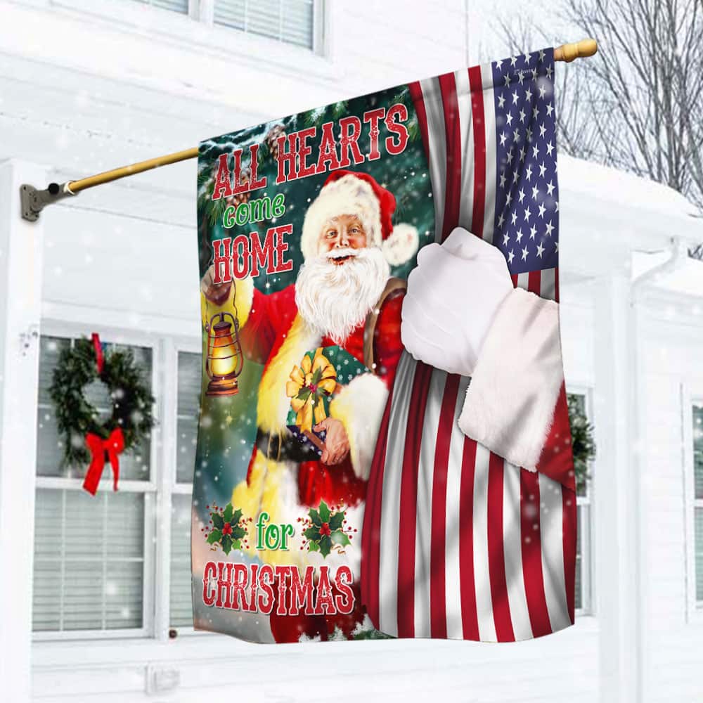 Santa Claus All Hearts Come Home For Christmas Flag