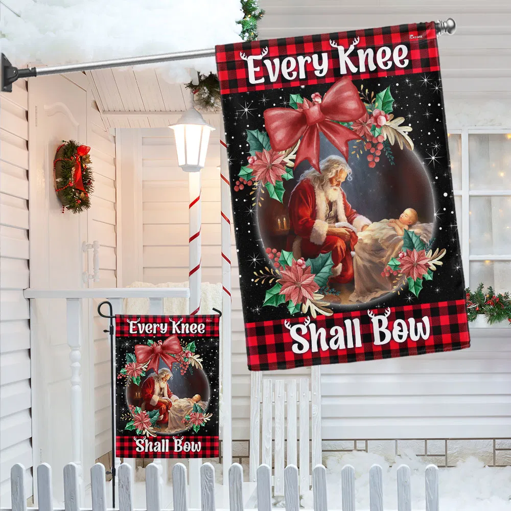 Santa Claus Kneeling With Baby Jesus Every Knee Shall Bow Flag