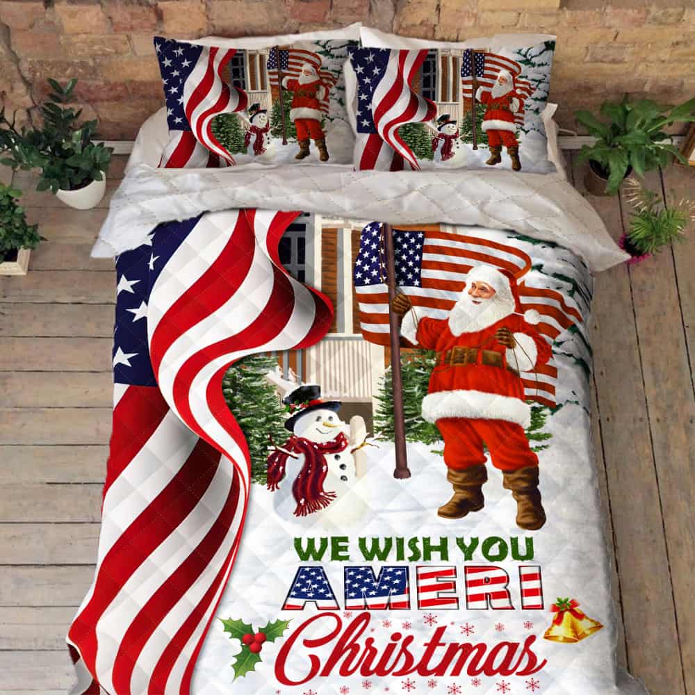 Santa Claus US Quilt Bedding Set We Wish You Ameri Christmas
