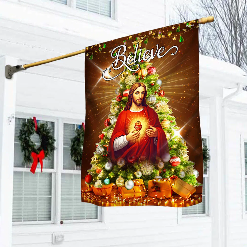 The Sacred Heart Of Jesus Believe Christmas Tree Flag
