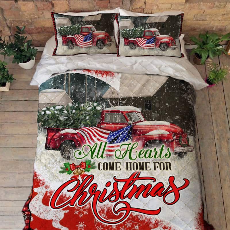 Red Truck Christmas Quilt Bedding Set For Elderly