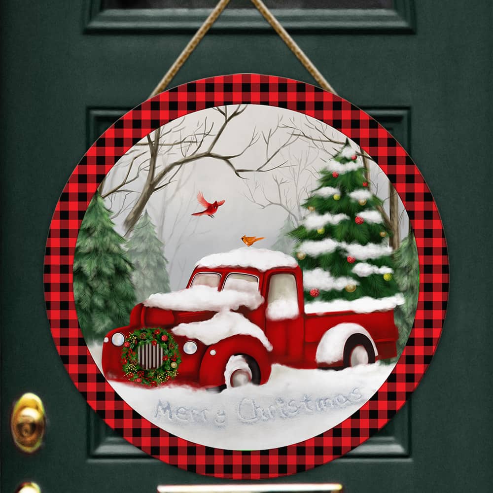 Red Truck Christmas Wooden Sign