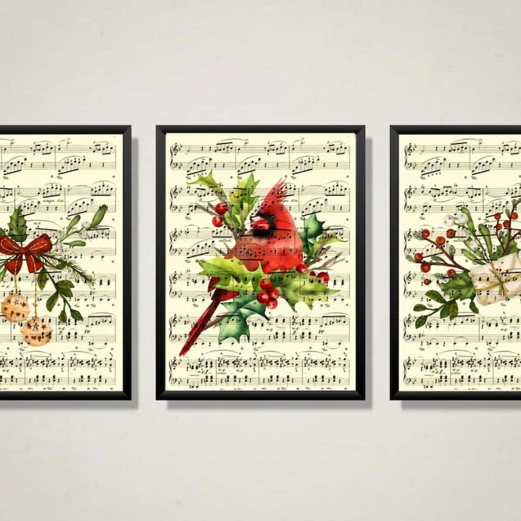 Cardinal And Christmas Ornaments Printed On Antique Music Pages
