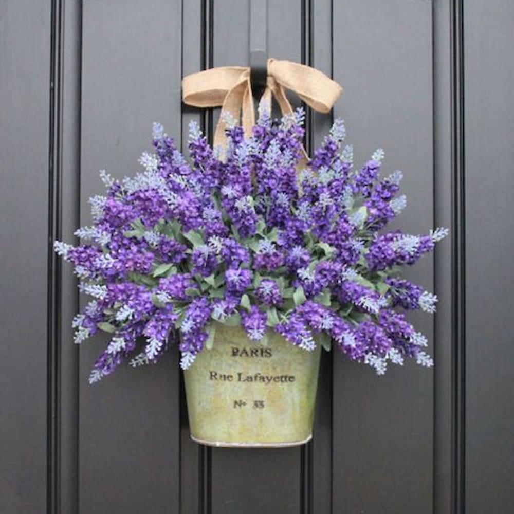 large bouquet of lavender at front door