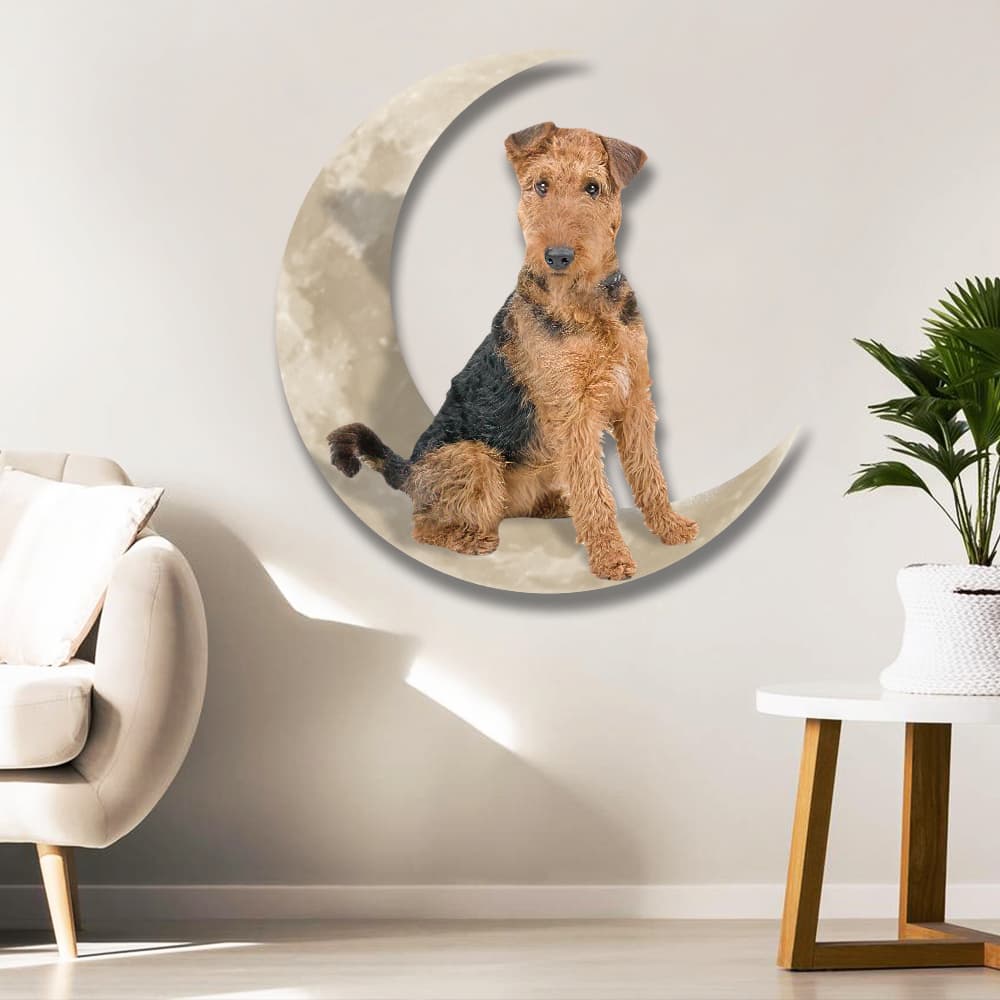 Airedale Terrier Dog And Moon Hanging Metal Sign