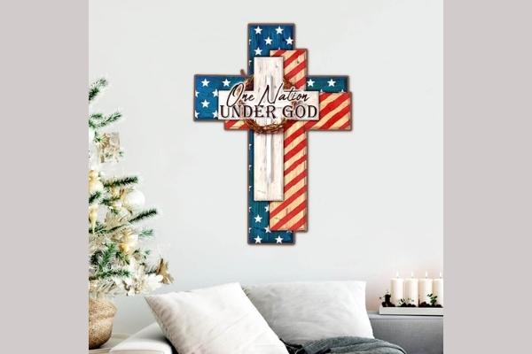 Jesus Cross Hanging Metal Sign One Nation Under God