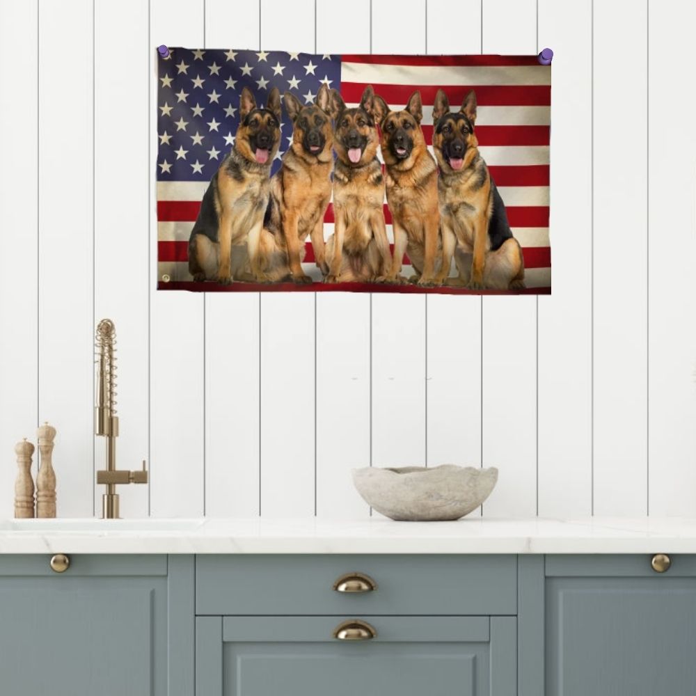 american flag with dog images hang on the wall in the kitchen