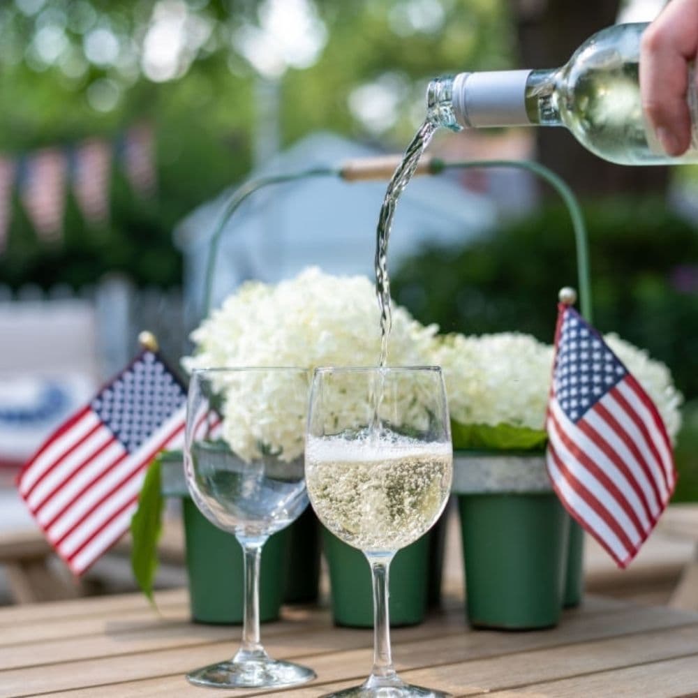 american flags with flowers and wine