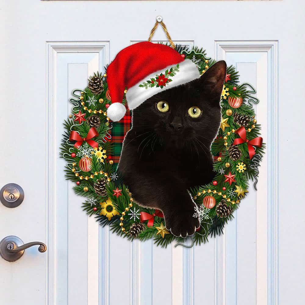Black Cat Meowy Christmas Wooden Door Sign