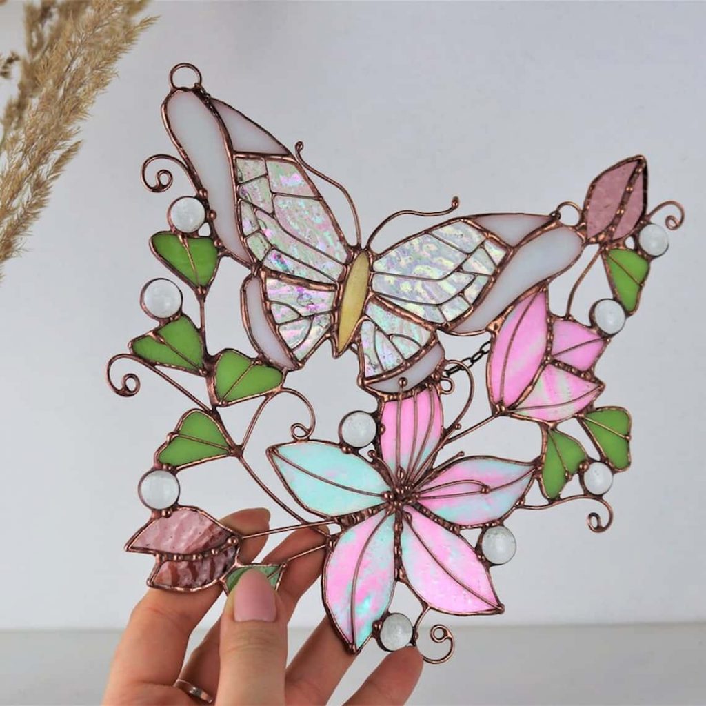 Pink Suncatcher Monarch Butterfly Flower Stained Glass Wall Hanging