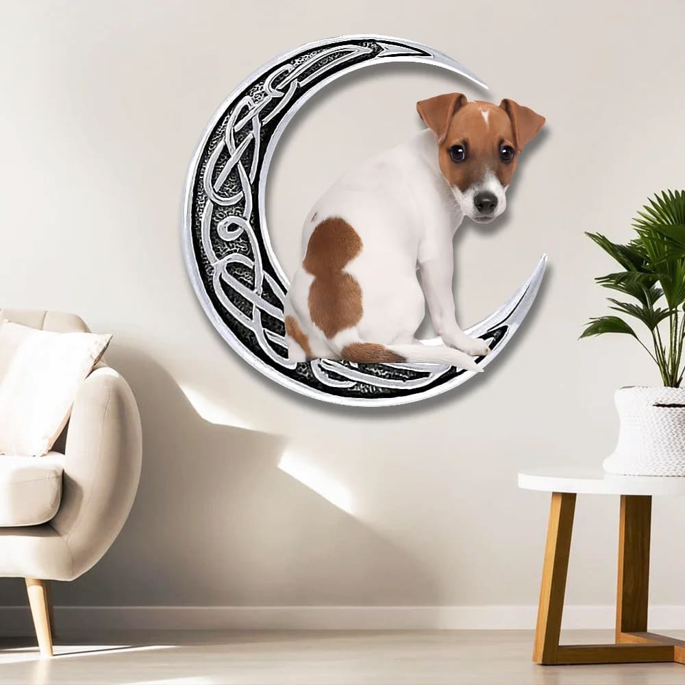Jack Russell Terrier Dog On The Moon Hanging Metal Sign