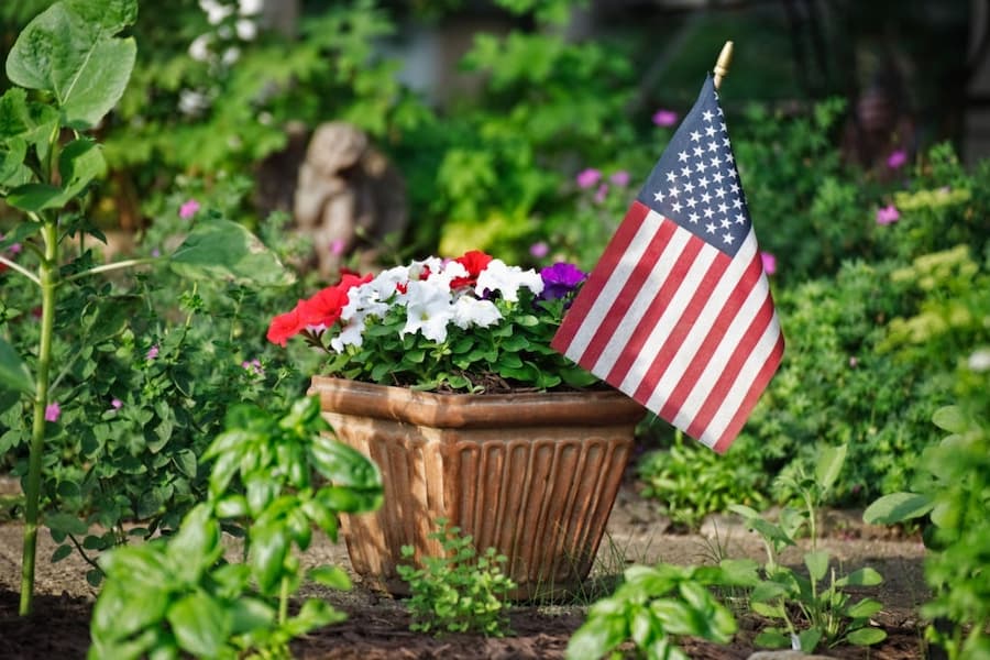 a flower pot with a tiny american flag