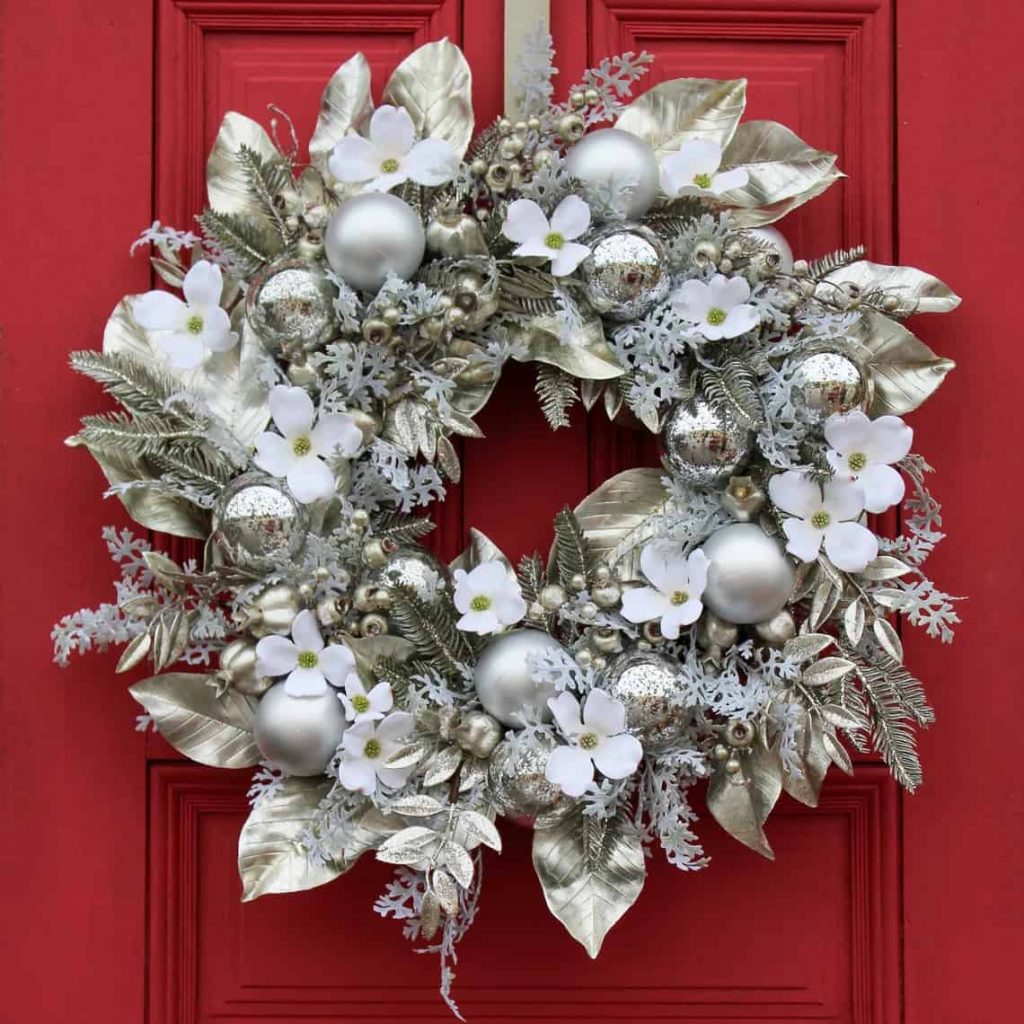 Silver Metallic Magnolia Leaves & White Velvet Dogwood Christmas Holiday Front Door Wreath