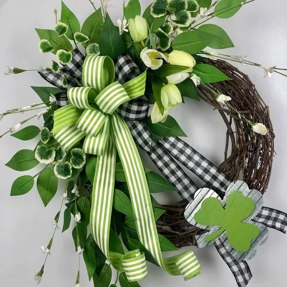 St Patrick's Day grapevine Wreath with a shamrock and checked ribbon
