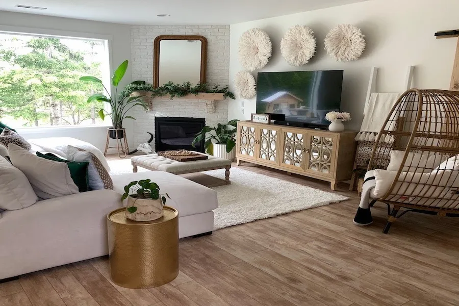 A boho-farmhouse living room